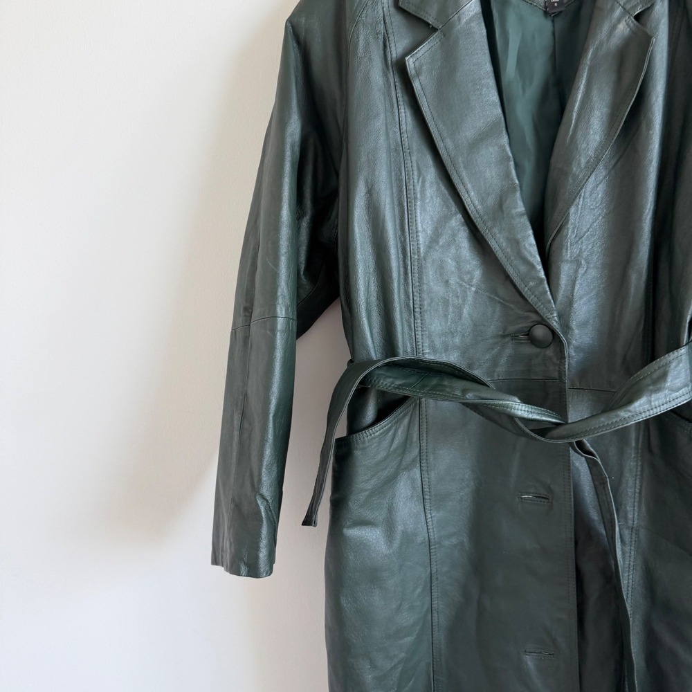 Vintage Maurices Forrest Green Genuine Leather Longline Trench Coat Size Small - Picture 6 of 14